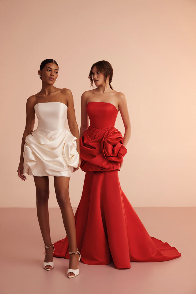 navy blue dress for baby girl Fancy Red Lace Ivory Satin V-Neck Wedding Dress Red main image 0
